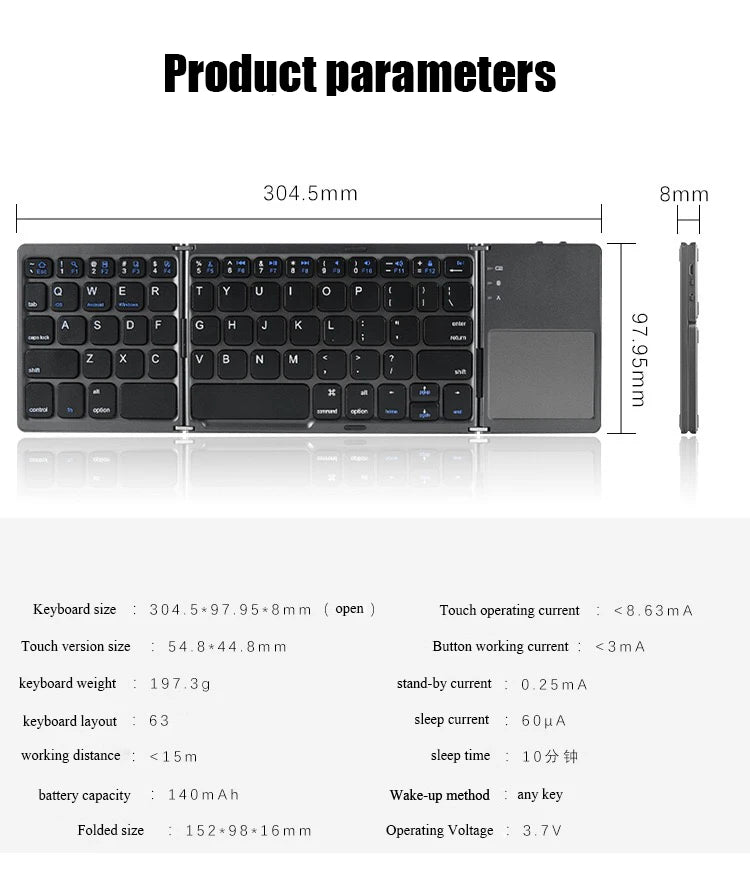 Ultra-Slim Folding Keyboard - Precision Bluetooth with Integrated Touchpad